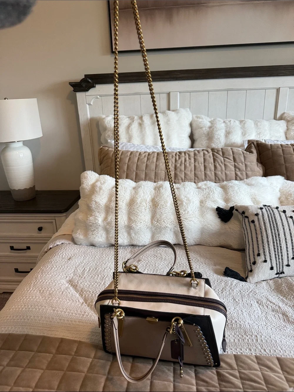 Coach Taupe and Black Leather Satchel with Gold Hardware